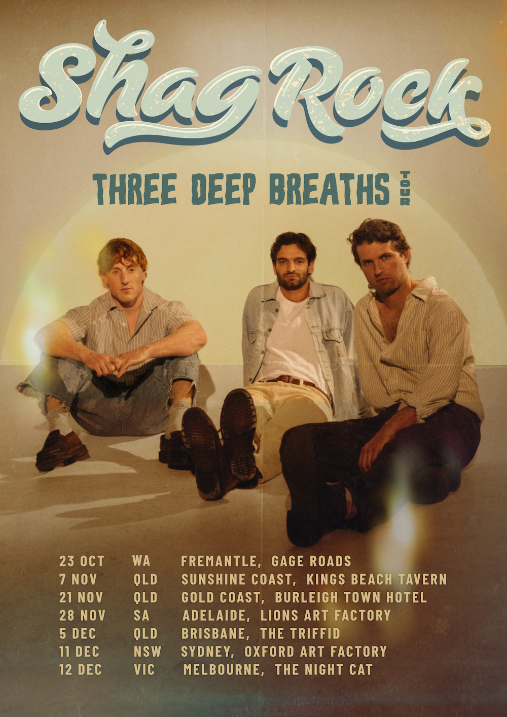 Shag Rock Three Deep Breaths tour poster featuring the band seated with Australian concert dates and venues.